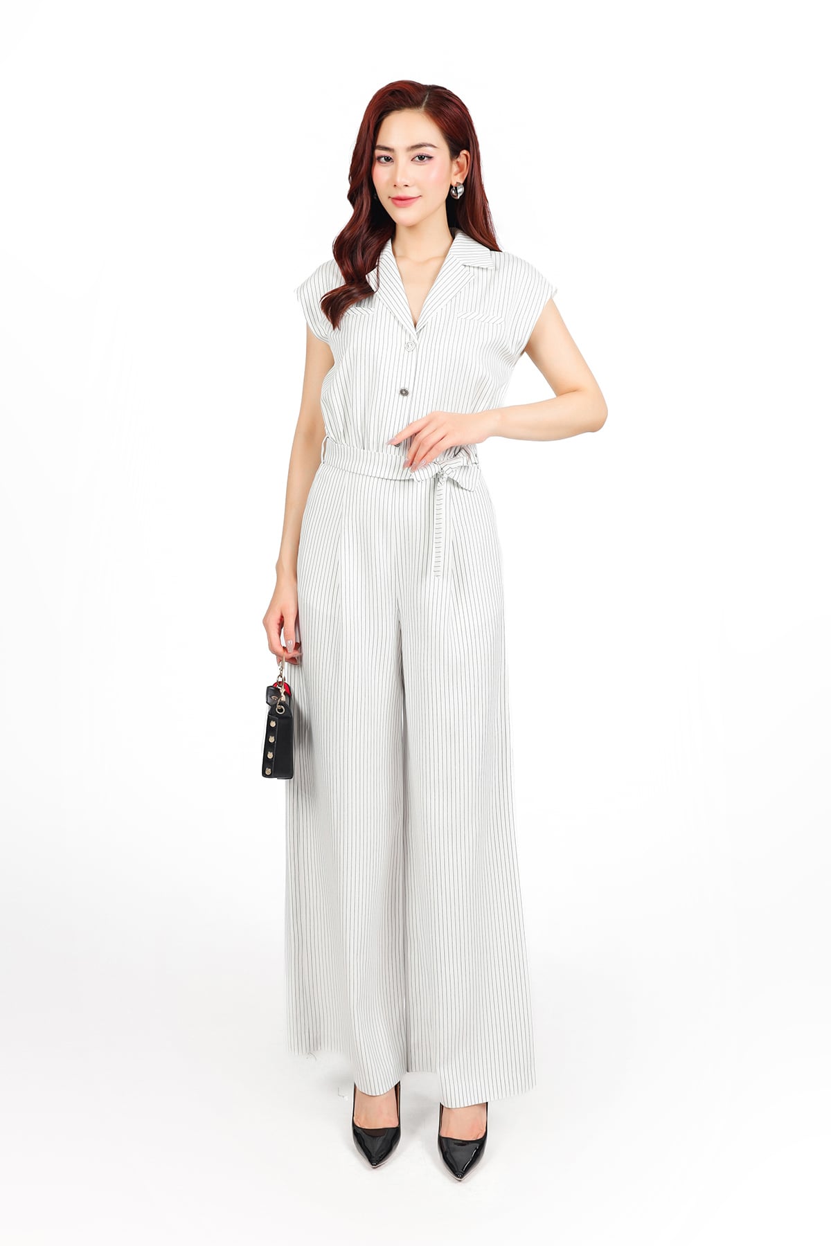 FJS1185 - Jumpsuit công sở vải thô kẻ dáng ôm cổ hai ve vai chờm lưng chun co giãn phối dây đai thắt eo tạo kiểu - PANTIO