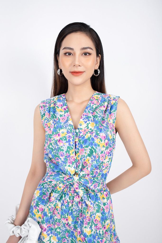 FJS3143 - Jumpsuit dạo phố vải thô dáng suông cổ V cúc bọc vải thân buộc nơ tạo kiểu - PANTIO