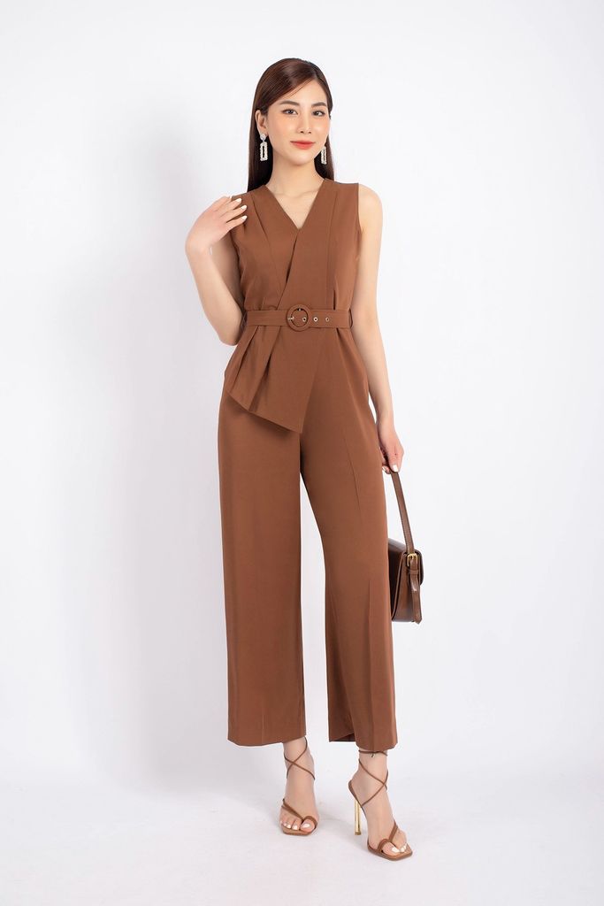 FJS3144 - Jumpsuit dạo phố vải tuytsi dáng suông thân áo vạt lệch kèm đai tạo kiểu quần ống rộng khóa thân sau - PANTIO