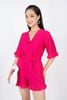 FJS3147 - Jumpsuit dạo phố vải đũi dáng suông cổ V cài cúc bọc eo thắt nơ thân sau bo chun - PANTIO