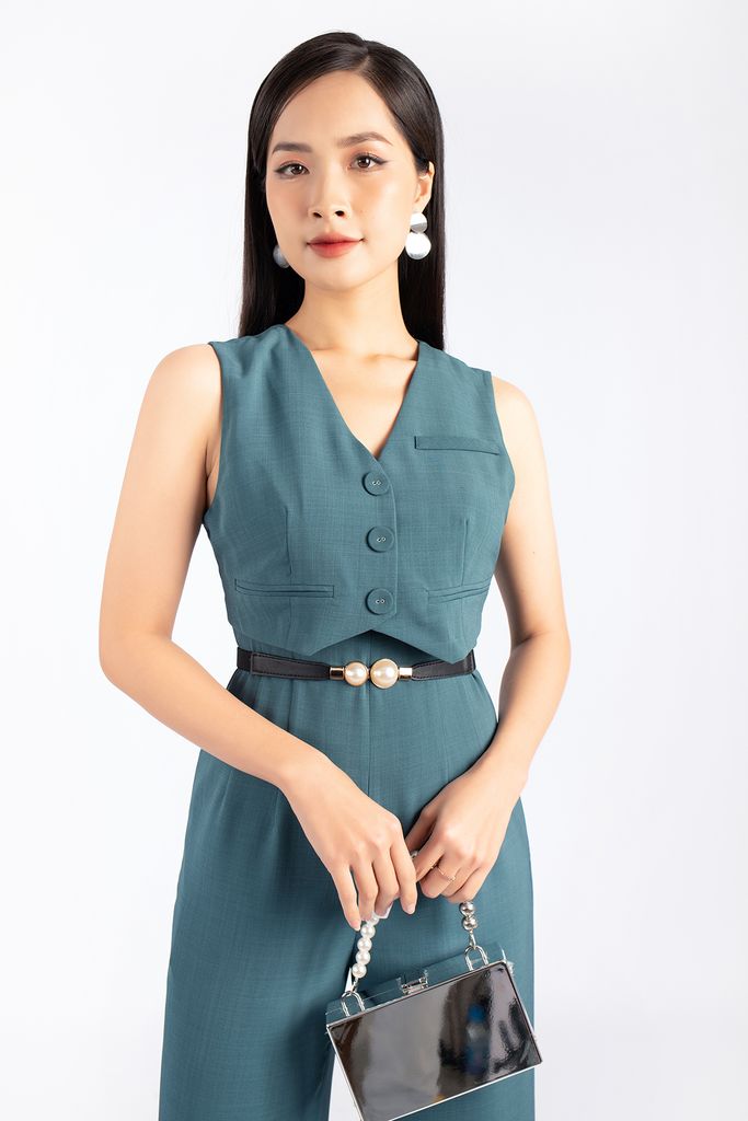 FJS5165 - Jumpsuit dạo phố vải tuytsi dáng suông cổ V kiểu áo vest quần ống rộng khóa thân sau - PANTIO