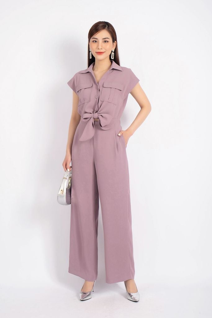 FJS7153 - Jumpsuit dạo phố vải tuytsi dáng suông vai chờm phối túi hộp eo buộc nơ tạo kiểu quần ống rộng - PANTIO