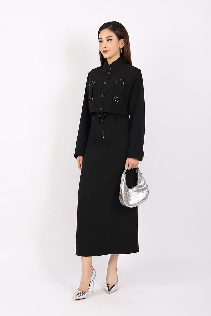 FKM7681 - Áo khoác dạo phố vải tuytsi dáng croptop có lót vải lụa gió cổ đức thân phối khuy đính tạo kiểu - PANTIO