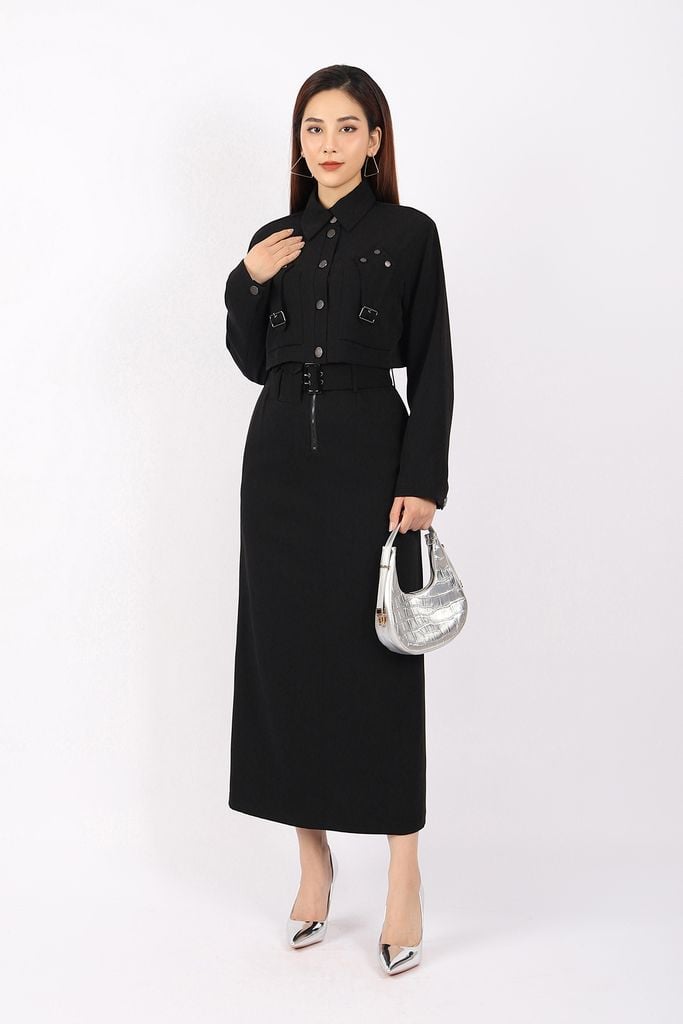 FKM7681 - Áo khoác dạo phố vải tuytsi dáng croptop có lót vải lụa gió cổ đức thân phối khuy đính tạo kiểu - PANTIO