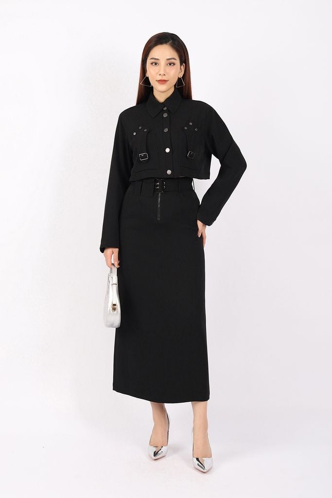 FKM7681 - Áo khoác dạo phố vải tuytsi dáng croptop có lót vải lụa gió cổ đức thân phối khuy đính tạo kiểu - PANTIO