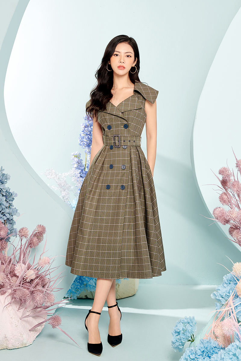 FKM9652 - Đầm chất liệu vải kaki dáng xòe xếp ly có đai cổ 2 ve - PANTIO