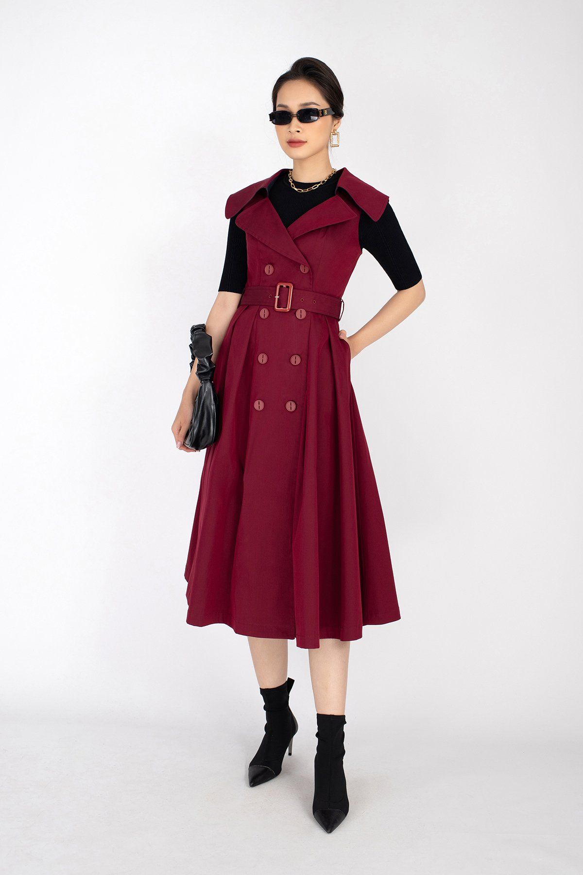 FKM9652 - Đầm chất liệu vải kaki dáng xòe xếp ly có đai cổ 2 ve - PANTIO