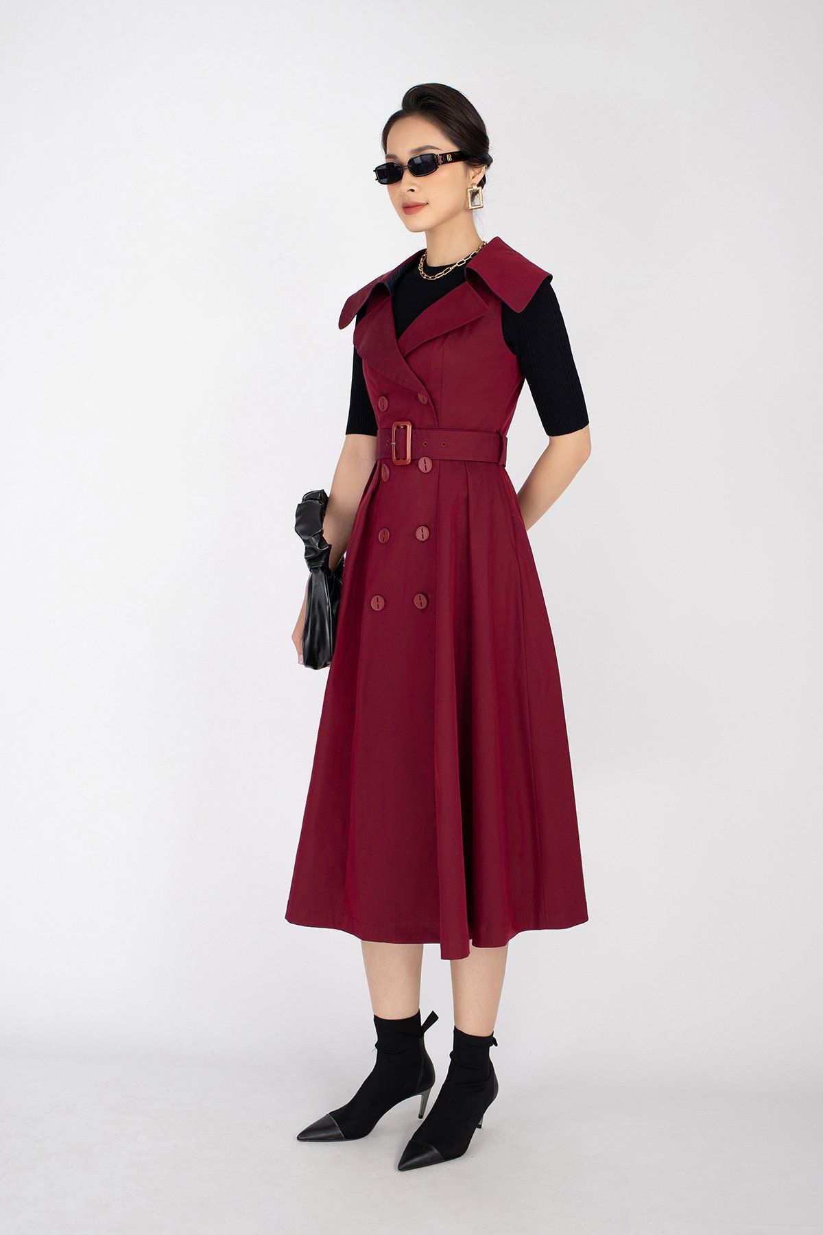 FKM9652 - Đầm chất liệu vải kaki dáng xòe xếp ly có đai cổ 2 ve - PANTIO