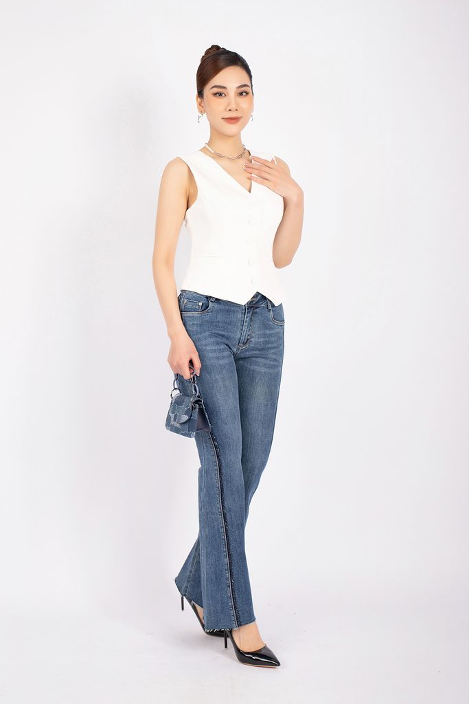 FKM9671 - Áo vest gile vải thô dáng ôm cổ V cài cúc bọc túi hai bên hông - PANTIO