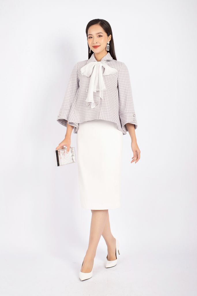 FKM9676 - Áo khoác công sở vải dạ dáng A cổ đức tay loe cài cúc phối vải tơ tạo nơ trang trí - PANTIO