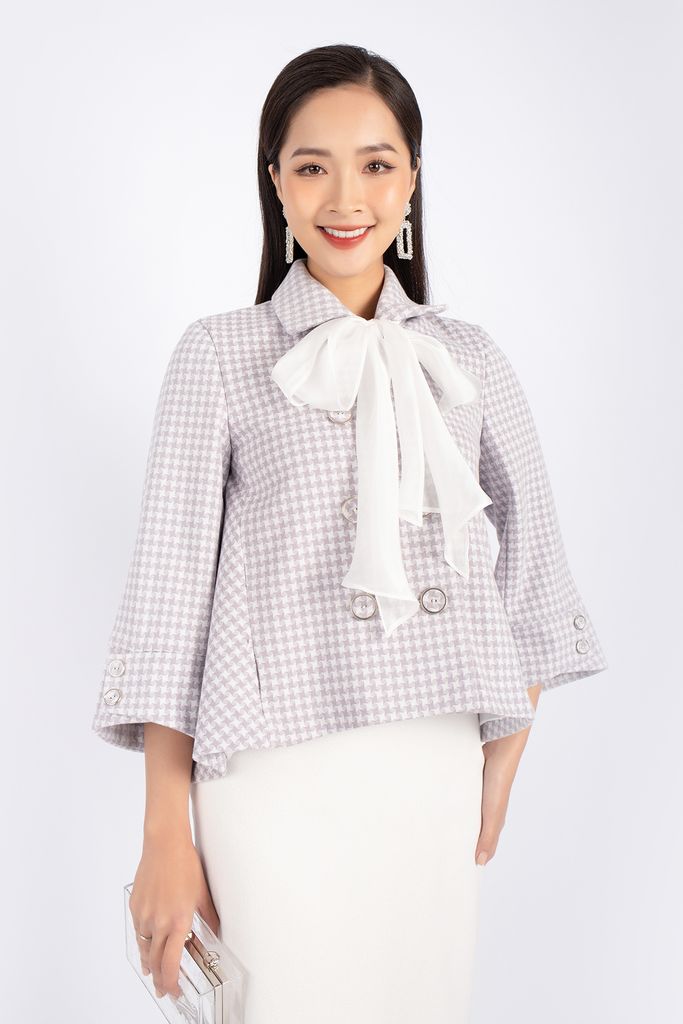 FKM9676 - Áo khoác công sở vải dạ dáng A cổ đức tay loe cài cúc phối vải tơ tạo nơ trang trí - PANTIO