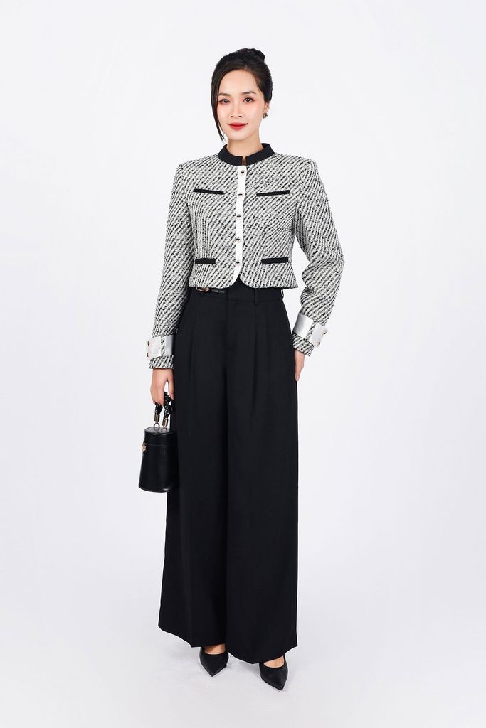FKM9695 - tylekeo8888 vải dạ tweed cao cấp dáng suông cổ tròn thân áo hoạ tiết cài khuy trước - tỷ lệ kèo 8899