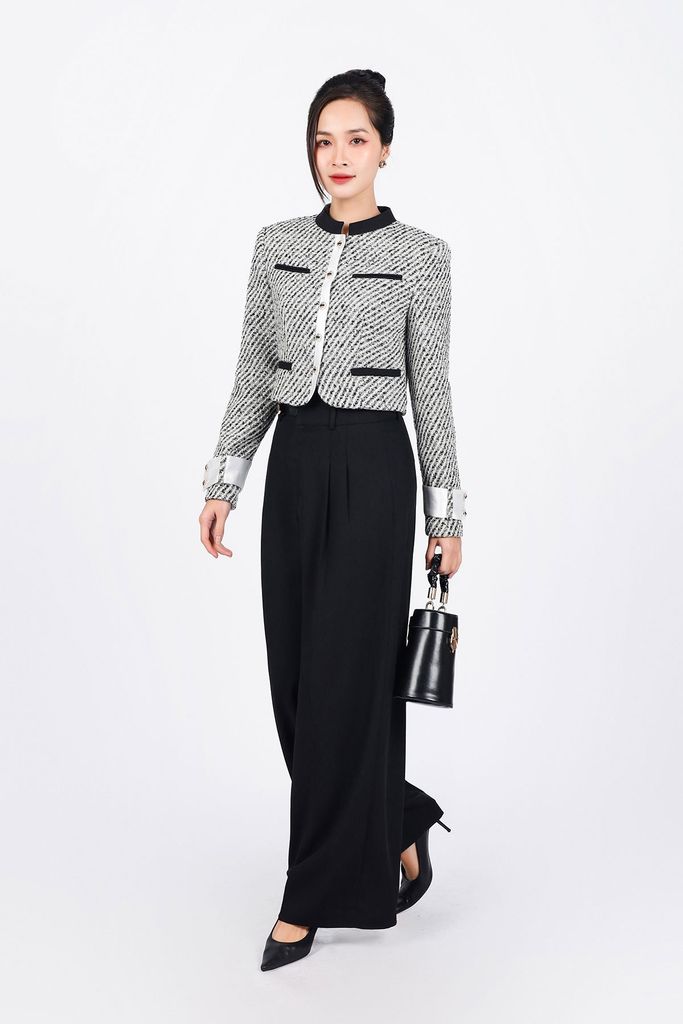 FKM9695 - tylekeo8888 vải dạ tweed cao cấp dáng suông cổ tròn thân áo hoạ tiết cài khuy trước - tỷ lệ kèo 8899