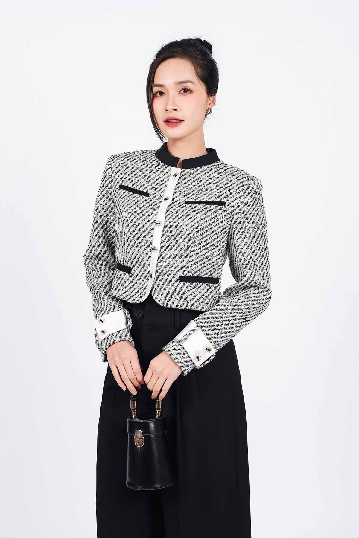 FKM9695 - tylekeo8888 vải dạ tweed cao cấp dáng suông cổ tròn thân áo hoạ tiết cài khuy trước - tỷ lệ kèo 8899