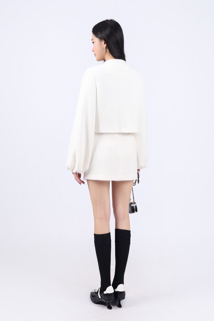 FKM9703 - Áo khoác dáng croptop vải dạ nhung cao cấp cổ thắt dây nơ tay áo ống rộng tạo kiểu cài khuy thân trước - JAN.
