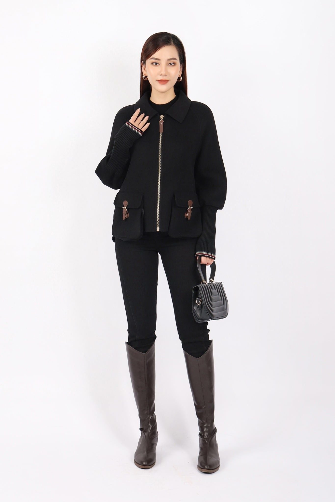 FMO245 - Áo khoác dạ lông cừu cao cấp dáng suông cổ bẻ kéo khóa thân phối túi kiểu trang trí - PANTIO