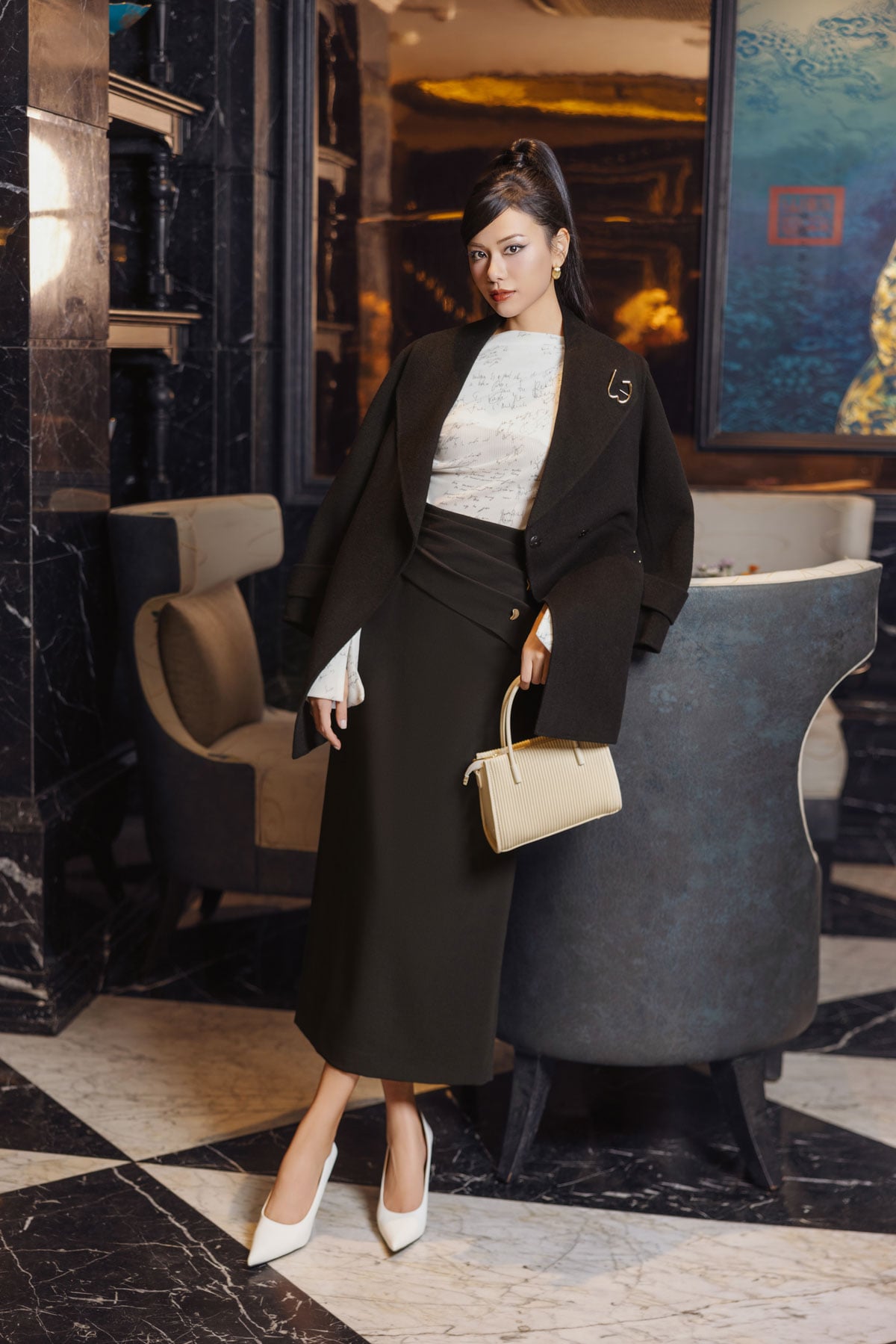 FMO247 - Áo mangto dạ lông cừu cao cấp dáng suông cổ bẻ ve to phối cài áo trang trí kèm đai tạo kiểu - PANTIO