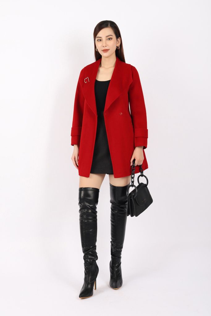 FMO247 - Áo mangto dạ lông cừu cao cấp dáng suông cổ bẻ ve to phối cài áo trang trí kèm đai tạo kiểu - PANTIO