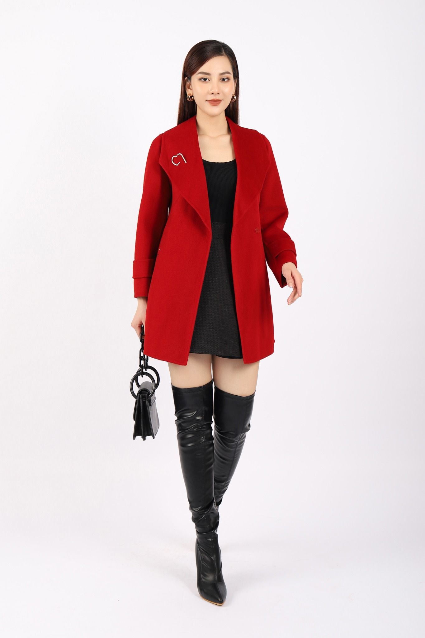 FMO247 - Áo mangto dạ lông cừu cao cấp dáng suông cổ bẻ ve to phối cài áo trang trí kèm đai tạo kiểu - PANTIO