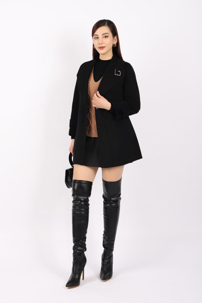 FMO247 - Áo mangto dạ lông cừu cao cấp dáng suông cổ bẻ ve to phối cài áo trang trí kèm đai tạo kiểu - PANTIO