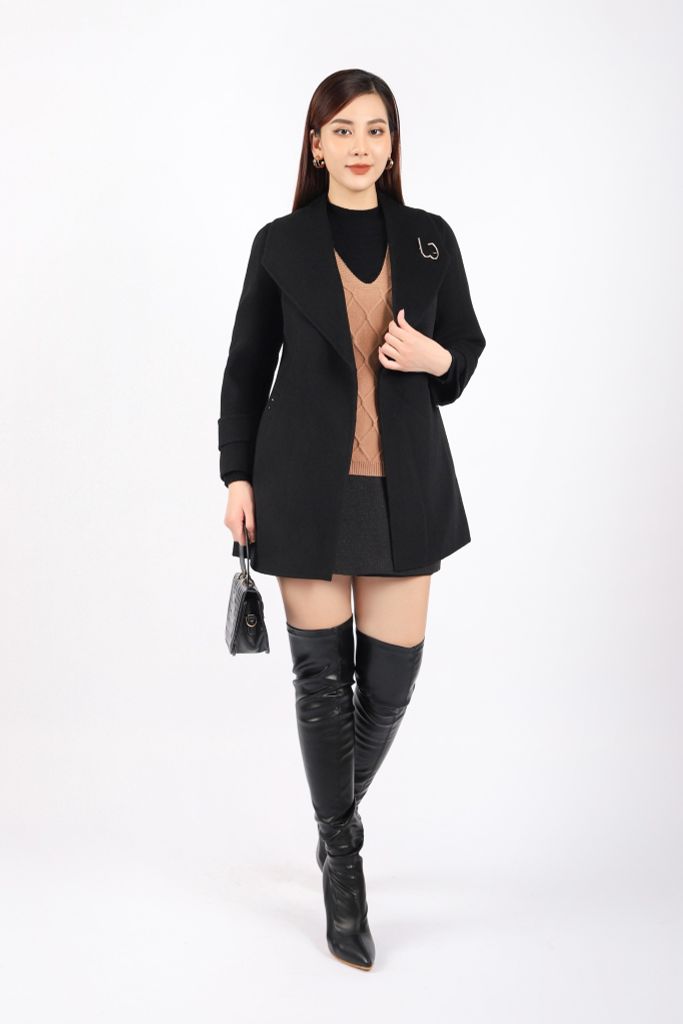 FMO247 - Áo mangto dạ lông cừu cao cấp dáng suông cổ bẻ ve to phối cài áo trang trí kèm đai tạo kiểu - PANTIO