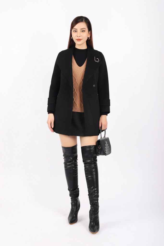 FMO247 - Áo mangto dạ lông cừu cao cấp dáng suông cổ bẻ ve to phối cài áo trang trí kèm đai tạo kiểu - PANTIO