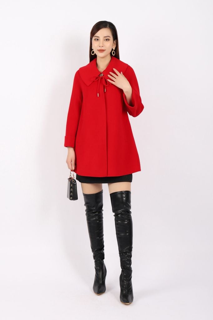 FMO248 - Áo mangto dạ lông cừu cao cấp dáng suông cổ bẻ ve to phối dây nơ tạo kiểu - PANTIO