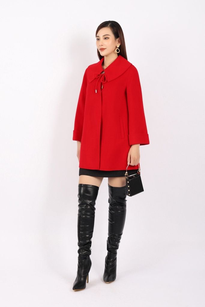 FMO248 - Áo mangto dạ lông cừu cao cấp dáng suông cổ bẻ ve to phối dây nơ tạo kiểu - PANTIO