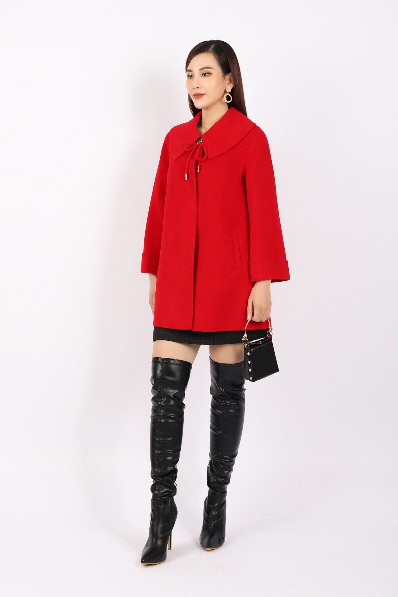 FMO248 - Áo mangto dạ lông cừu cao cấp dáng suông cổ bẻ ve to phối dây nơ tạo kiểu - PANTIO