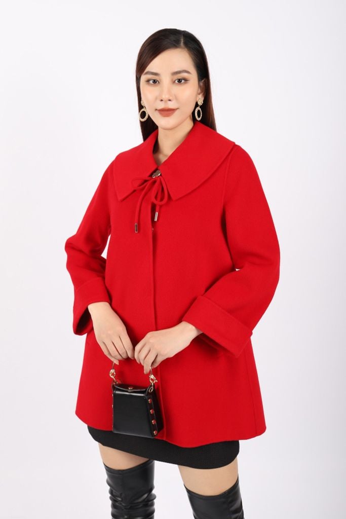 FMO248 - Áo mangto dạ lông cừu cao cấp dáng suông cổ bẻ ve to phối dây nơ tạo kiểu - PANTIO