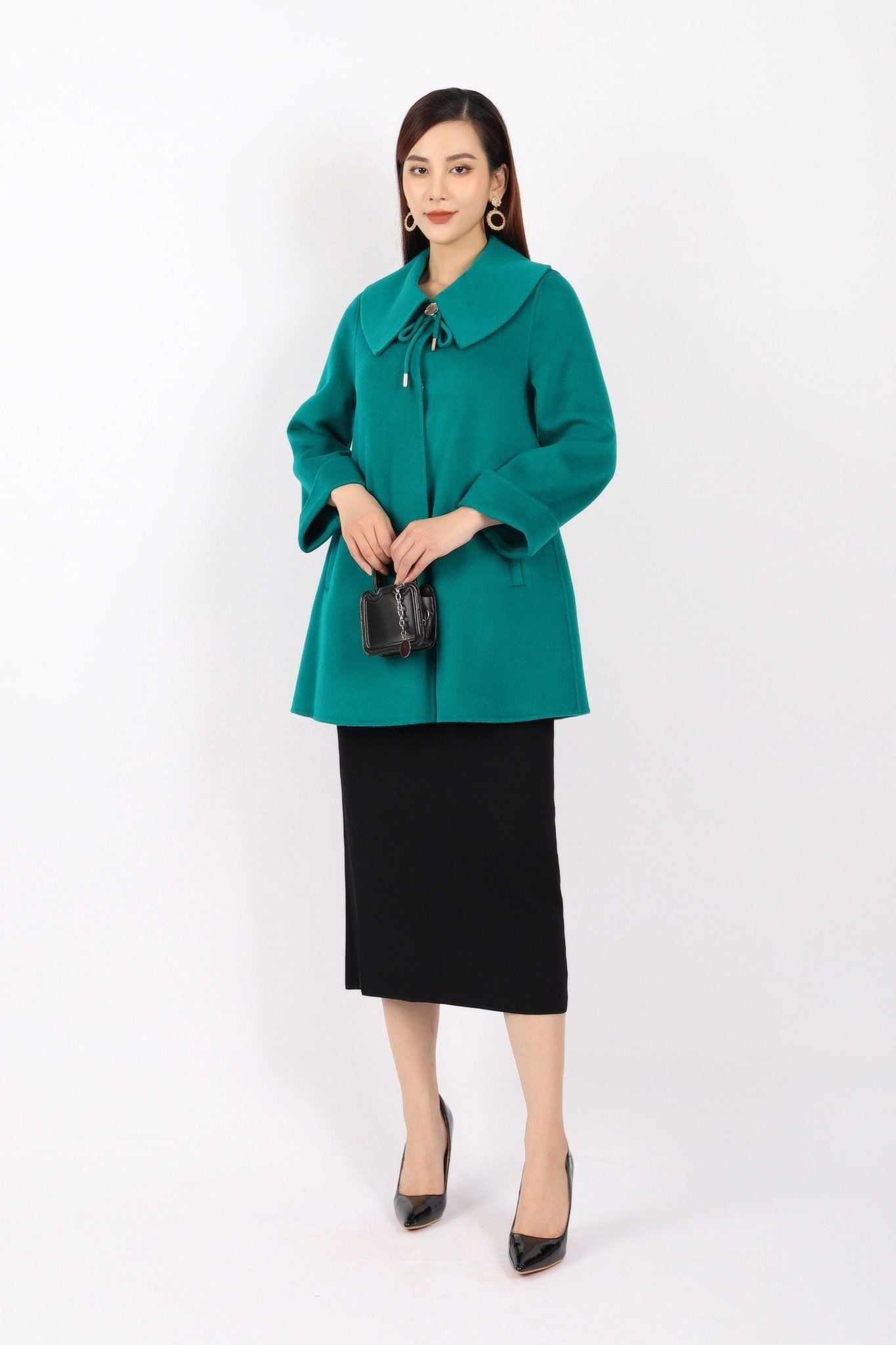 FMO248 - Áo mangto dạ lông cừu cao cấp dáng suông cổ bẻ ve to phối dây nơ tạo kiểu - PANTIO