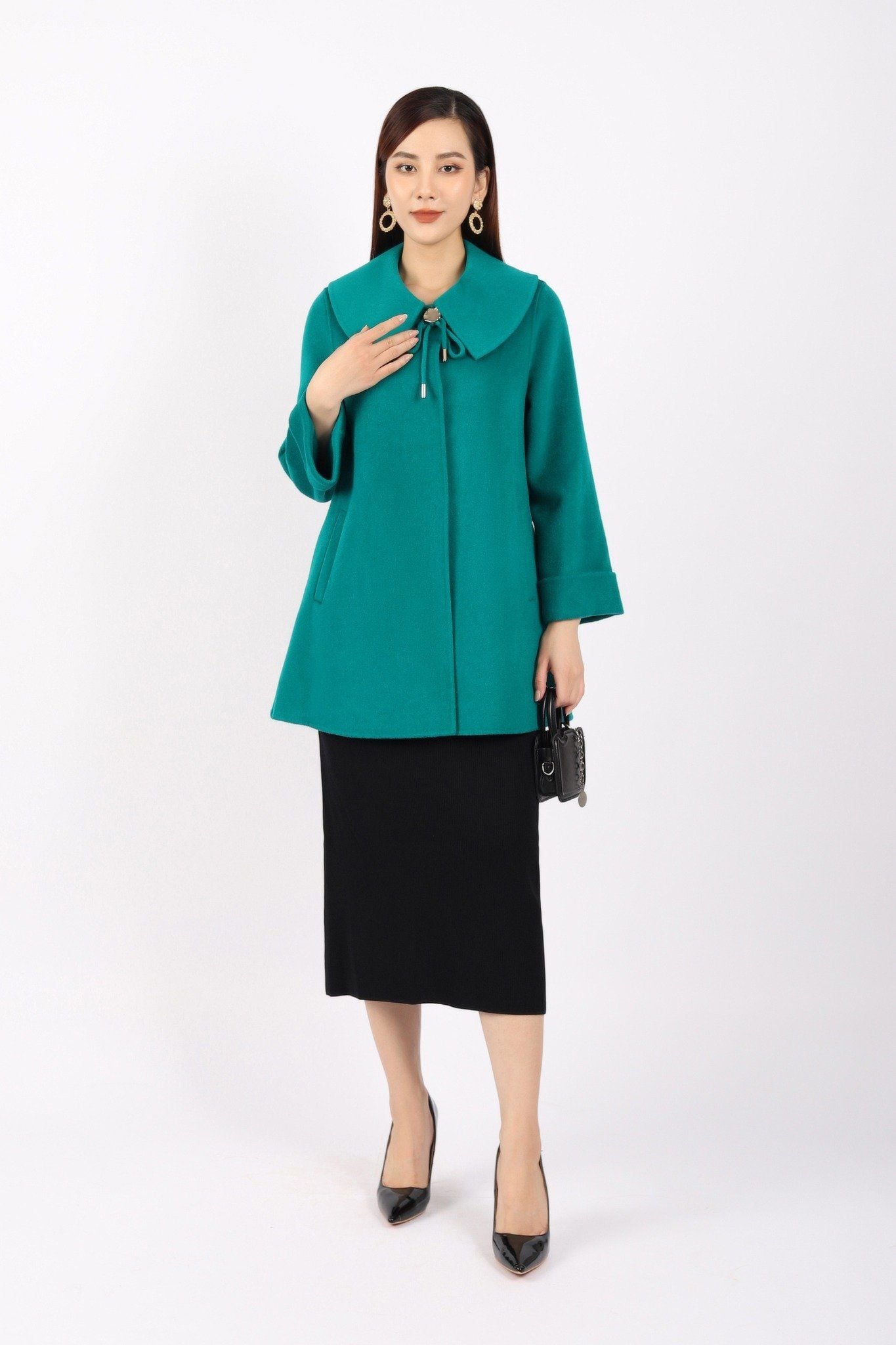 FMO248 - Áo mangto dạ lông cừu cao cấp dáng suông cổ bẻ ve to phối dây nơ tạo kiểu - PANTIO