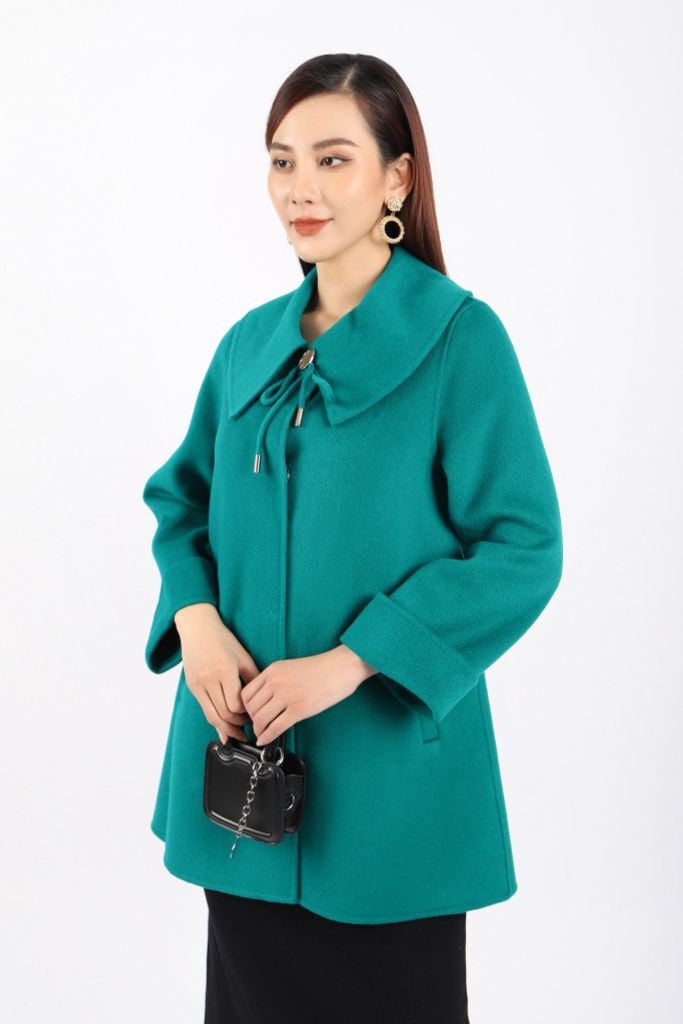 FMO248 - Áo mangto dạ lông cừu cao cấp dáng suông cổ bẻ ve to phối dây nơ tạo kiểu - PANTIO