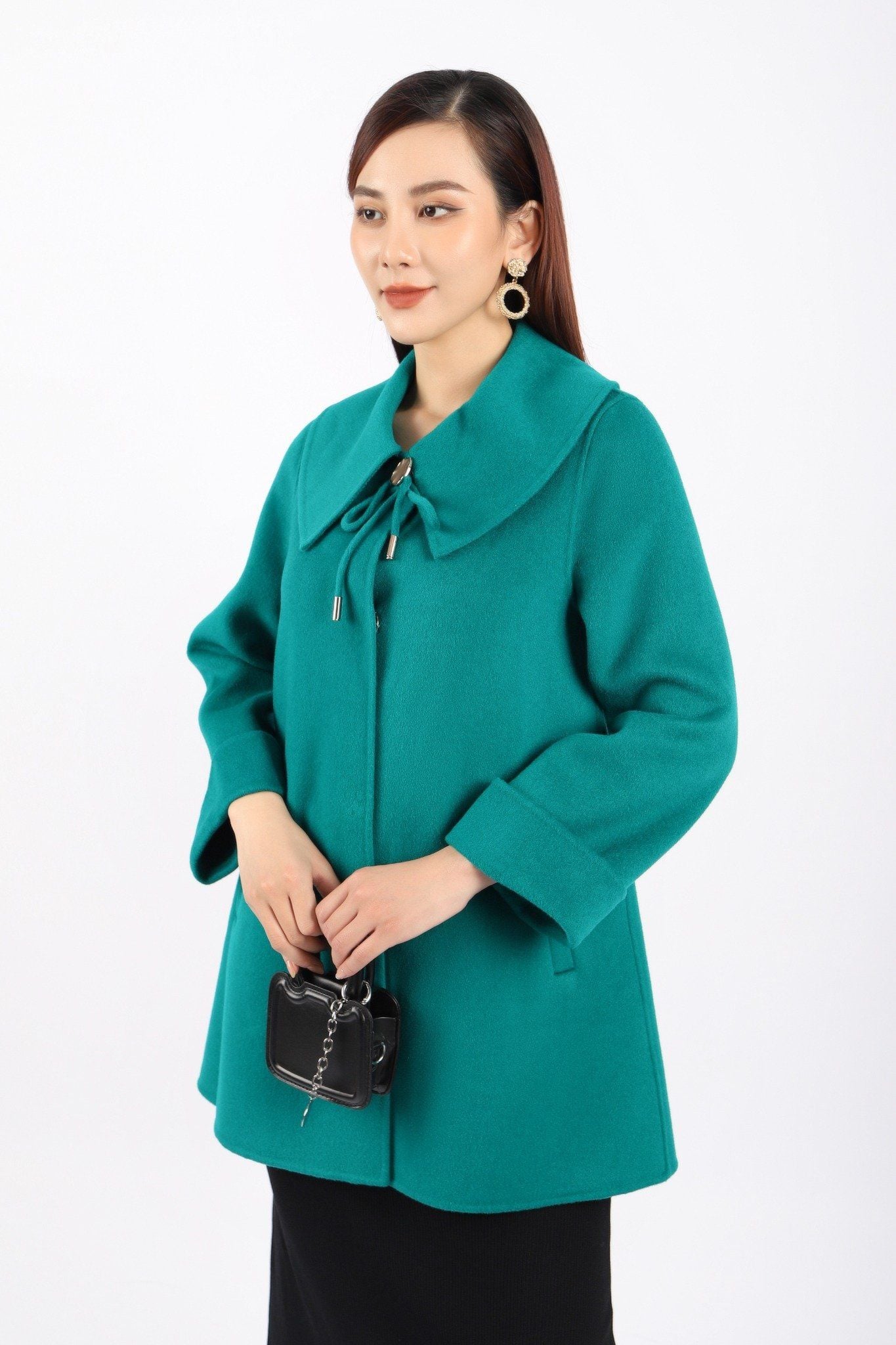 FMO248 - Áo mangto dạ lông cừu cao cấp dáng suông cổ bẻ ve to phối dây nơ tạo kiểu - PANTIO