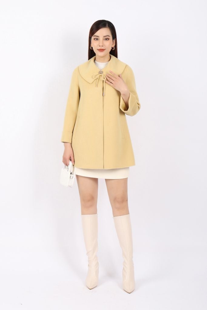 FMO248 - Áo mangto dạ lông cừu cao cấp dáng suông cổ bẻ ve to phối dây nơ tạo kiểu - PANTIO