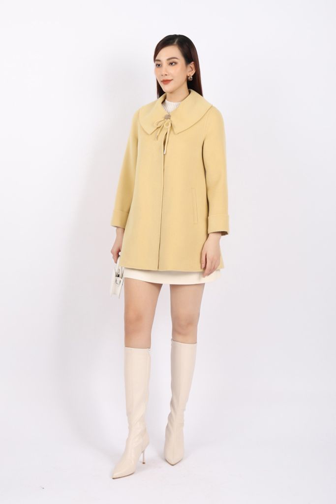 FMO248 - Áo mangto dạ lông cừu cao cấp dáng suông cổ bẻ ve to phối dây nơ tạo kiểu - PANTIO