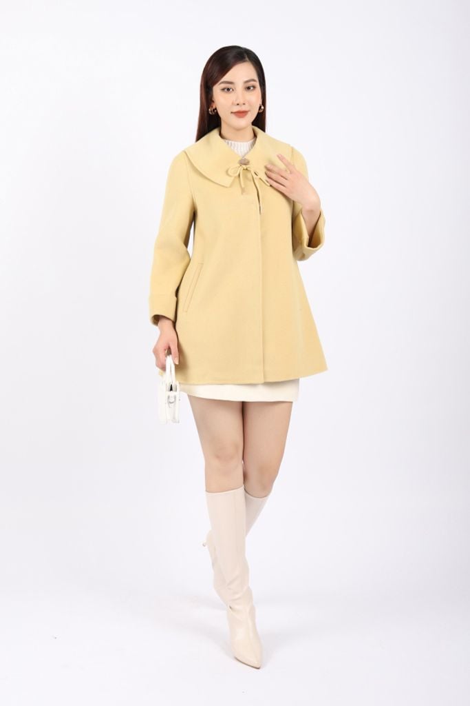 FMO248 - Áo mangto dạ lông cừu cao cấp dáng suông cổ bẻ ve to phối dây nơ tạo kiểu - PANTIO