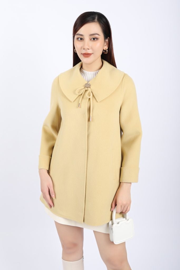FMO248 - Áo mangto dạ lông cừu cao cấp dáng suông cổ bẻ ve to phối dây nơ tạo kiểu - PANTIO