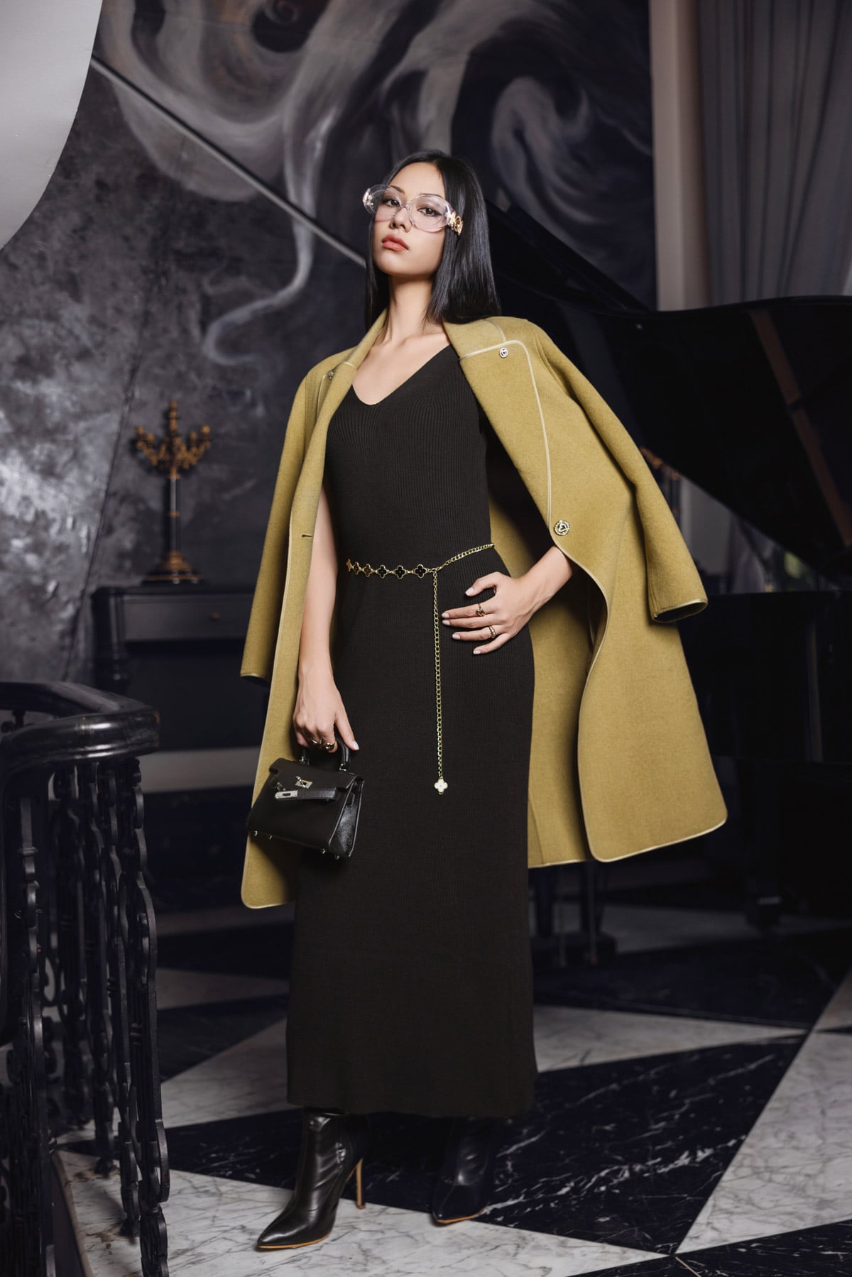 FMO250 - Áo mangto dạ lông cừu cao cấp dáng suông cổ hai ve phối khuy trang trí kèm đai tạo kiểu - PANTIO