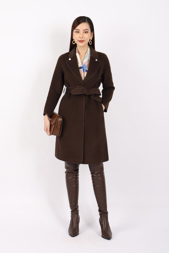 FMO250 - Áo mangto dạ lông cừu cao cấp dáng suông cổ hai ve phối khuy trang trí kèm đai tạo kiểu - PANTIO