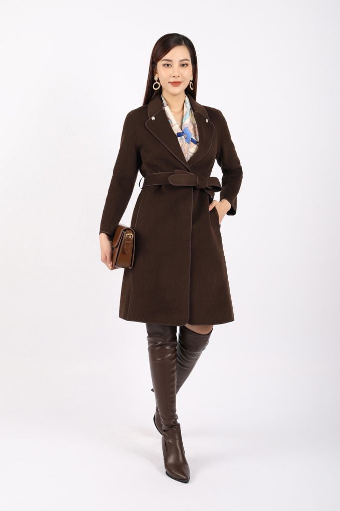 FMO250 - Áo mangto dạ lông cừu cao cấp dáng suông cổ hai ve phối khuy trang trí kèm đai tạo kiểu - PANTIO