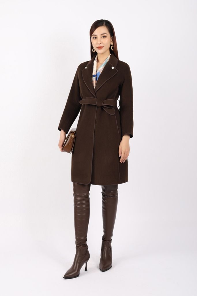 FMO250 - Áo mangto dạ lông cừu cao cấp dáng suông cổ hai ve phối khuy trang trí kèm đai tạo kiểu - PANTIO