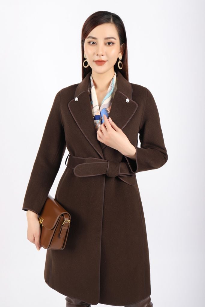 FMO250 - Áo mangto dạ lông cừu cao cấp dáng suông cổ hai ve phối khuy trang trí kèm đai tạo kiểu - PANTIO