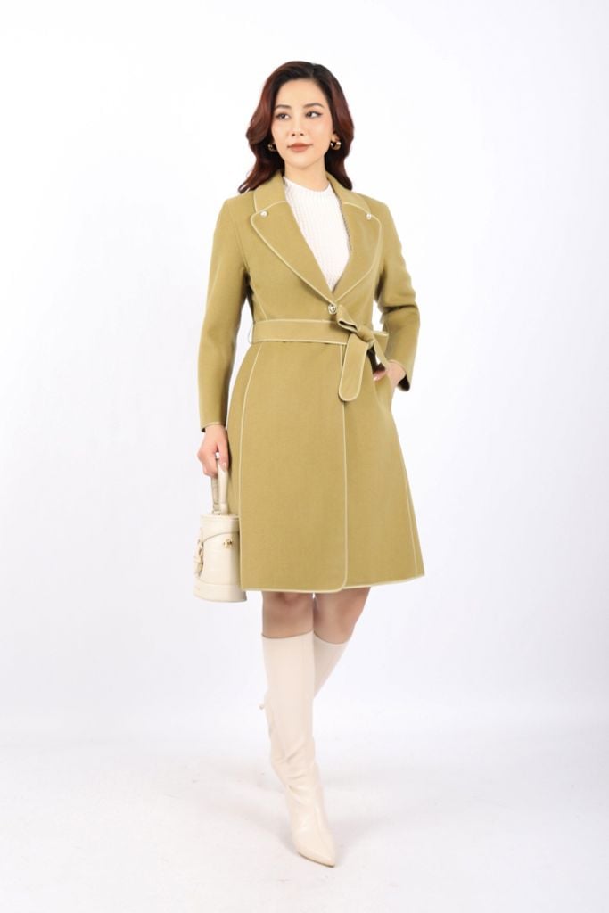 FMO250 - Áo mangto dạ lông cừu cao cấp dáng suông cổ hai ve phối khuy trang trí kèm đai tạo kiểu - PANTIO