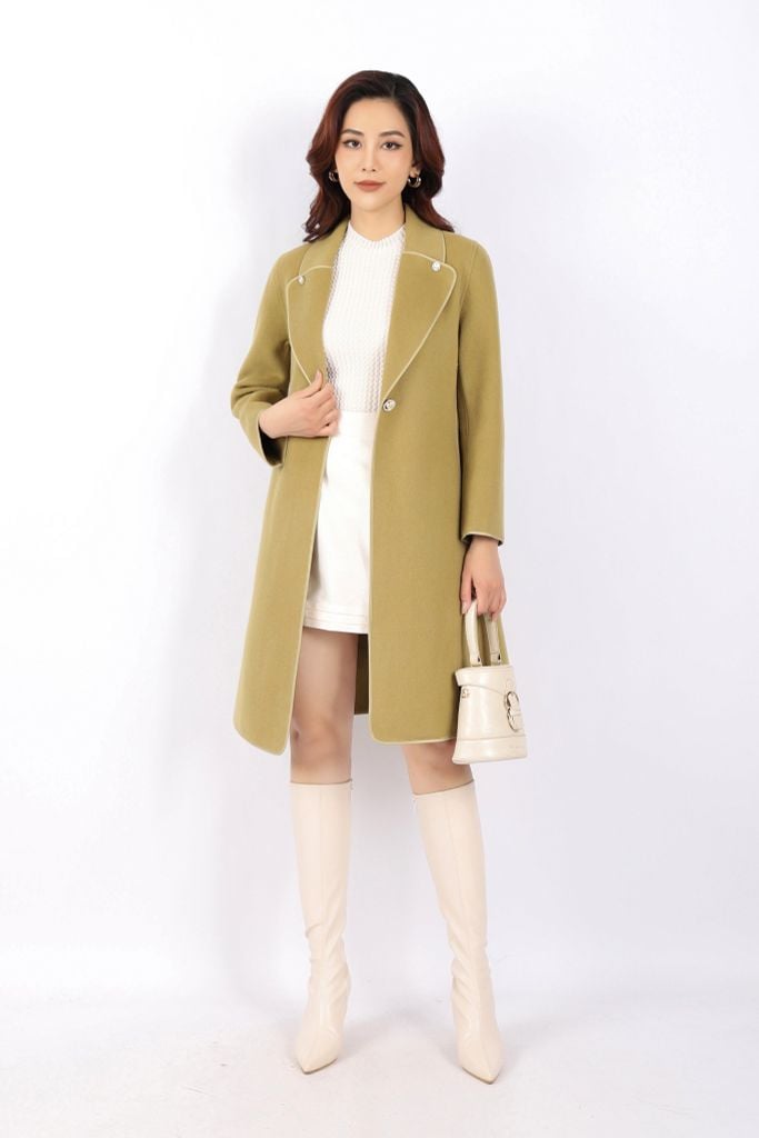 FMO250 - Áo mangto dạ lông cừu cao cấp dáng suông cổ hai ve phối khuy trang trí kèm đai tạo kiểu - PANTIO