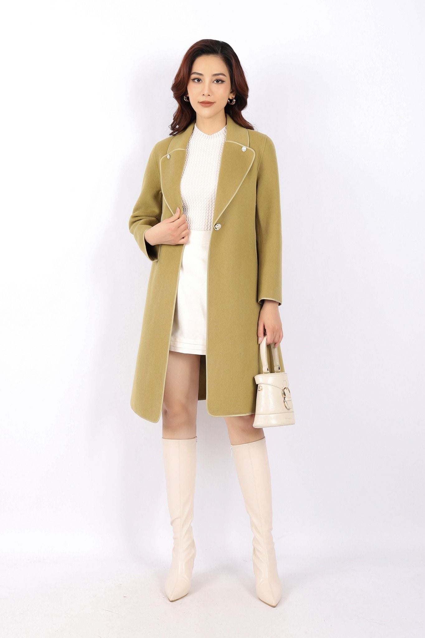 FMO250 - Áo mangto dạ lông cừu cao cấp dáng suông cổ hai ve phối khuy trang trí kèm đai tạo kiểu - PANTIO