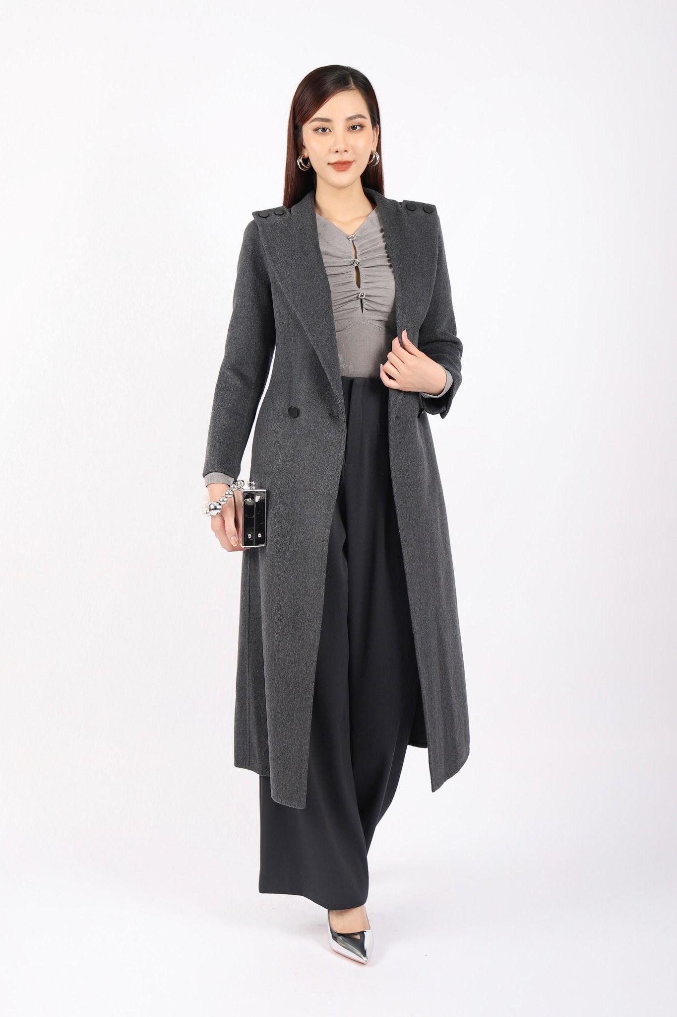 FMO251 - Áo mangto dạ lông cừu cao cấp dáng suông cổ bẻ ve to phối khuy trang trí kèm đai tạo kiểu - PANTIO