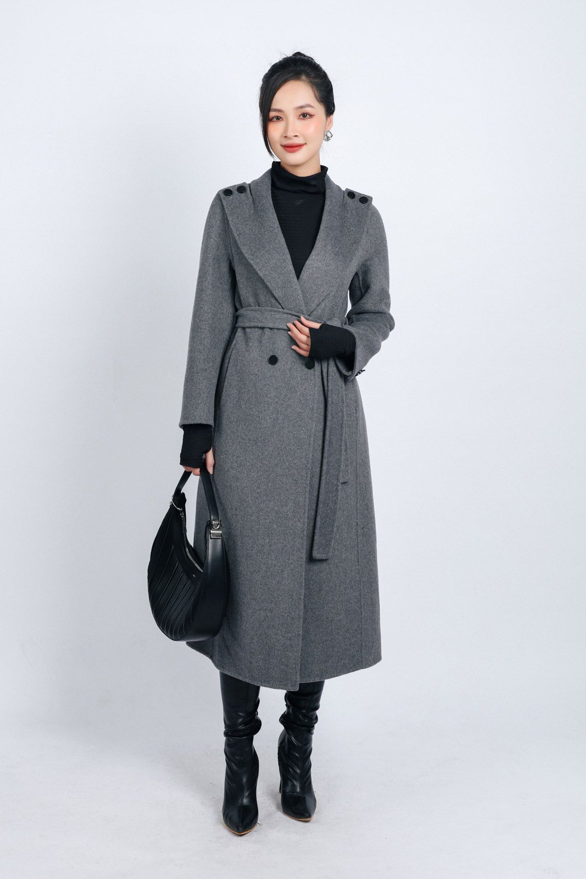 FMO251 - Áo mangto dạ lông cừu cao cấp dáng suông cổ bẻ ve to phối khuy trang trí kèm đai tạo kiểu - PANTIO