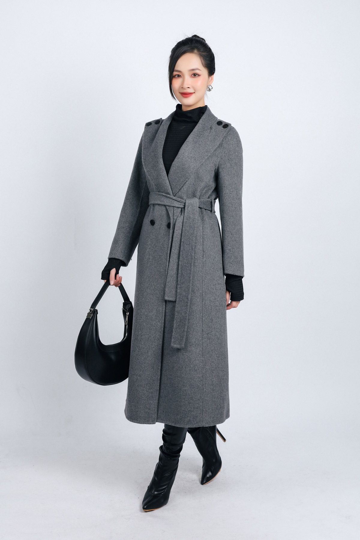 FMO251 - Áo mangto dạ lông cừu cao cấp dáng suông cổ bẻ ve to phối khuy trang trí kèm đai tạo kiểu - PANTIO