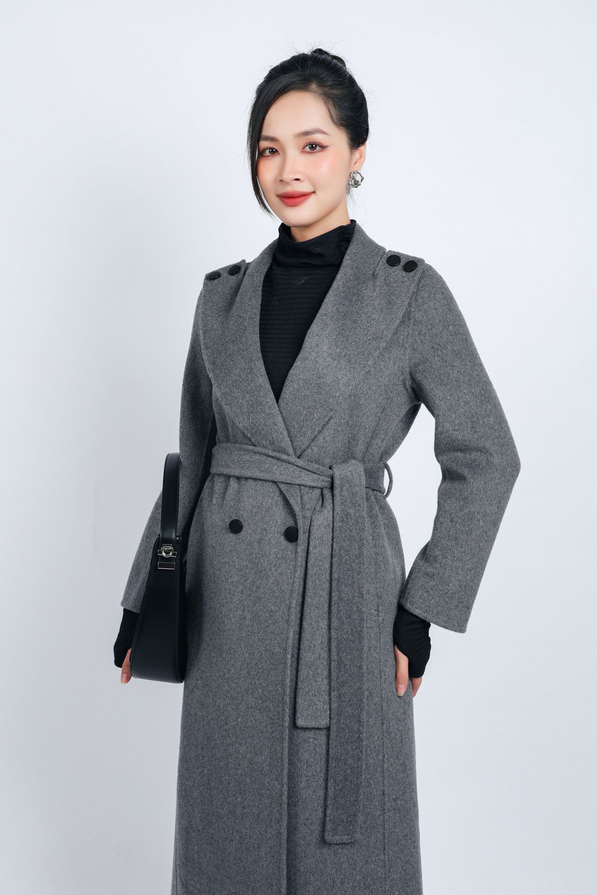 FMO251 - Áo mangto dạ lông cừu cao cấp dáng suông cổ bẻ ve to phối khuy trang trí kèm đai tạo kiểu - PANTIO